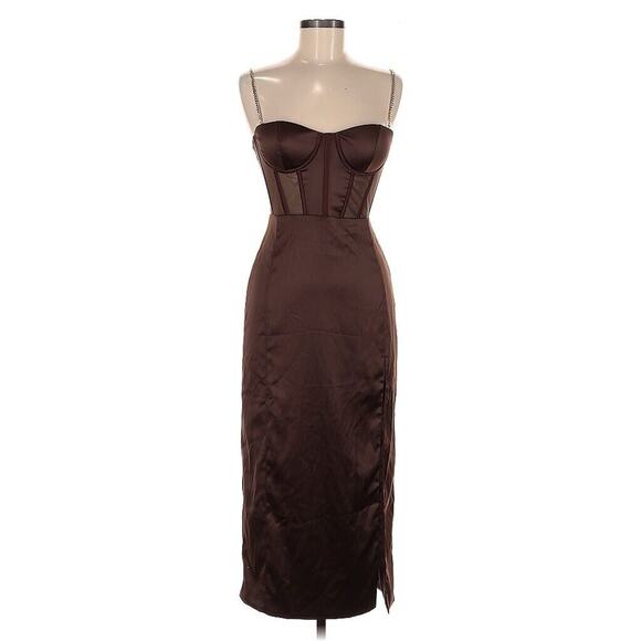 NWT Meshki Talisa Chain Strap Side Split Corset Midi Dress Brown M - Picture 3 of 4